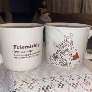 TWO Winnie the Pooh large soup mugs friendship etched hand painted white marble